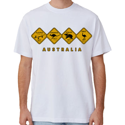 Adult Unisex 100% Cotton T Shirt Australia Wildlife Road Sign Souvenir Tee Tops, White, L