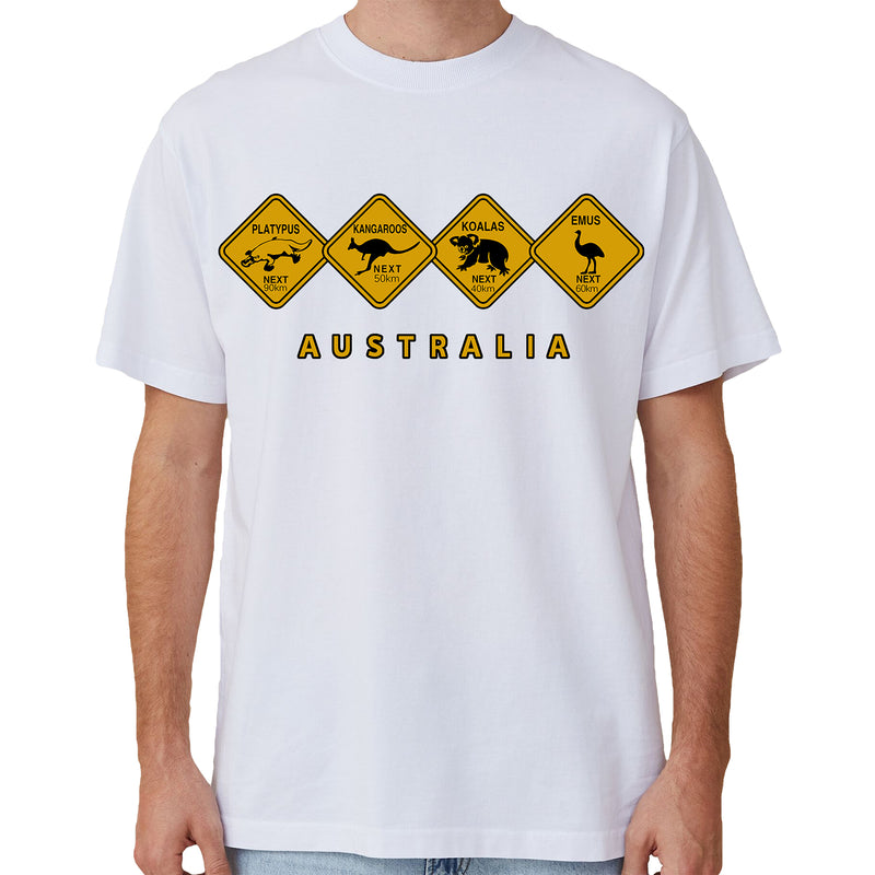 Adult Unisex 100% Cotton T Shirt Australia Wildlife Road Sign Souvenir Tee Tops, White, L