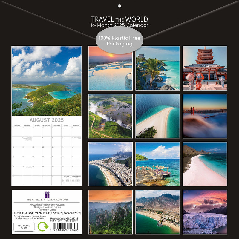 Travel the World 2025 Square Wall Calendar 16 Months New Year Xmas Planner Gift