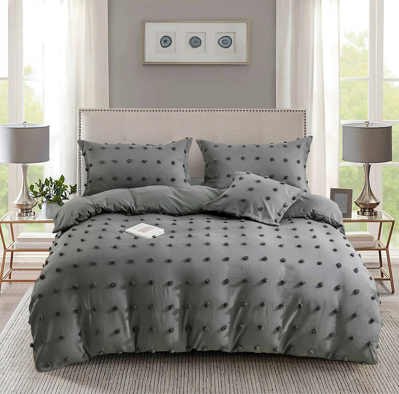 Tufted Dot Jacquard Super King Size Grey Duvet Quilt Cover Set
