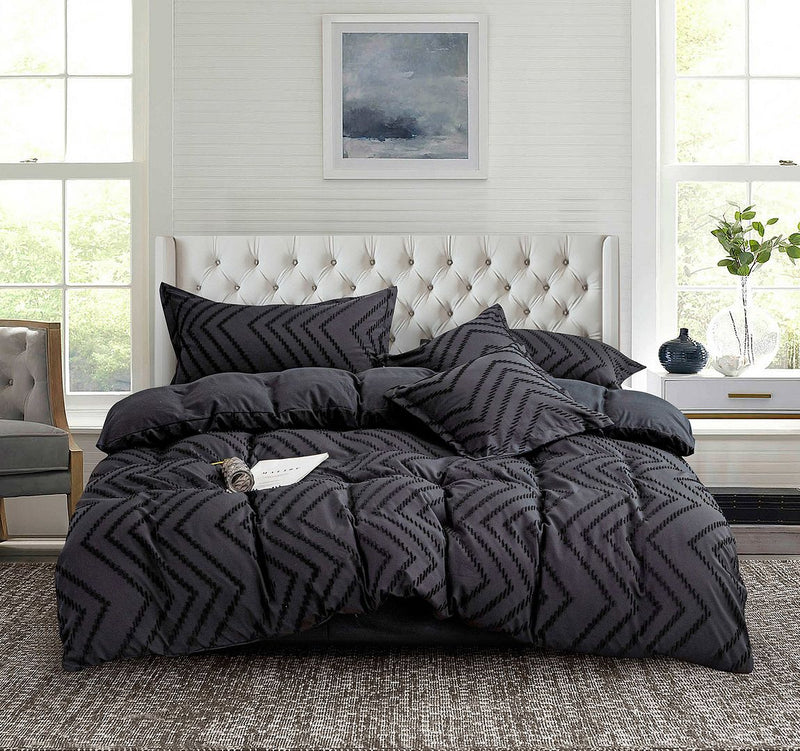 Tufted Boho Wave Jacquard Super King Size Black Duvet Quilt Cover Set