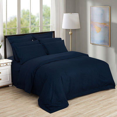 1000TC Ultra Soft Striped Queen Size Midnight Blue Duvet Quilt Cover Set