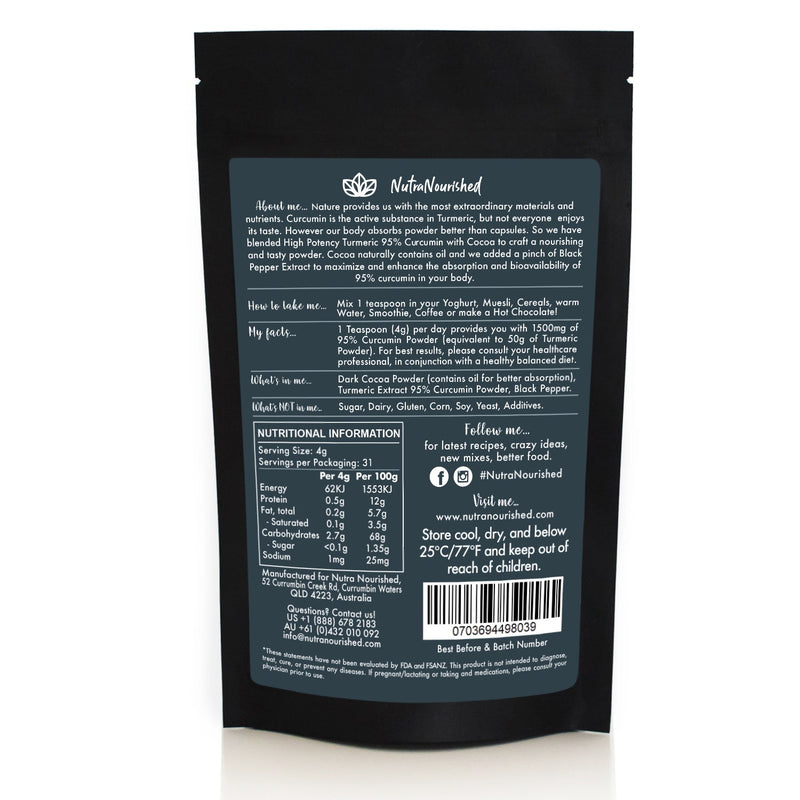 95% Organic Curcumin Extract Cocoa Flavour - Turmeric Powder With Black Pepper - Organic and with Black Pepper,