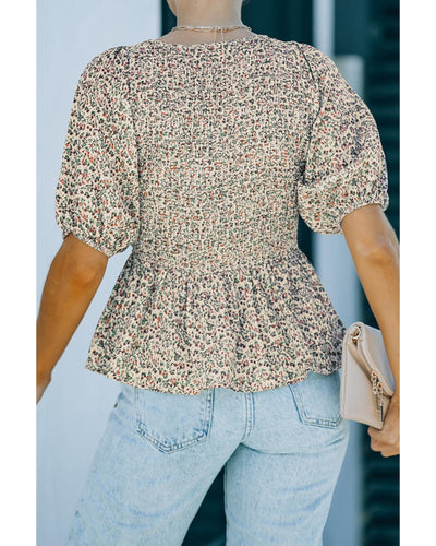 Azura Exchange Puff Sleeve Smocked Top with Floral Print - 2XL