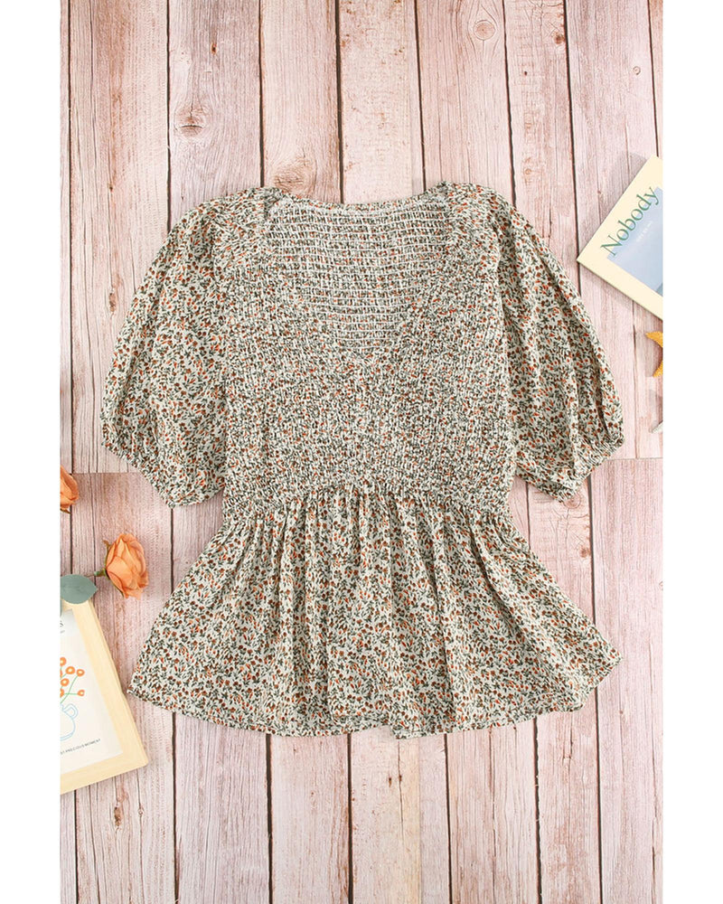 Azura Exchange Puff Sleeve Smocked Top with Floral Print - 2XL