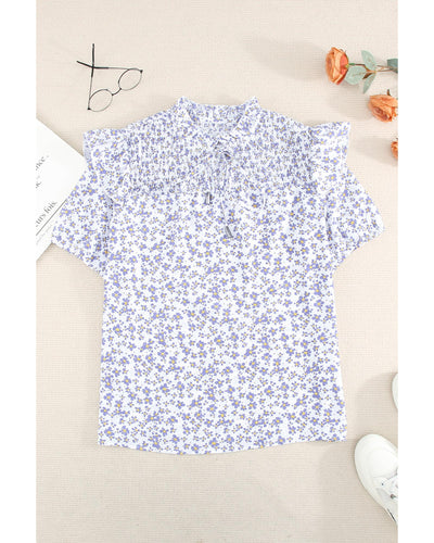 Azura Exchange Floral Print Smocked Ruffled V Neck T-shirt - 2XL