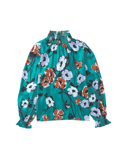 Azura Exchange Printed Smocked Mock Neck Blouse - S