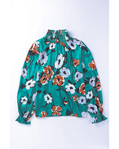 Azura Exchange Printed Smocked Mock Neck Blouse - S