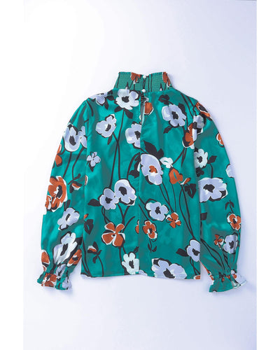 Azura Exchange Printed Smocked Mock Neck Blouse - S