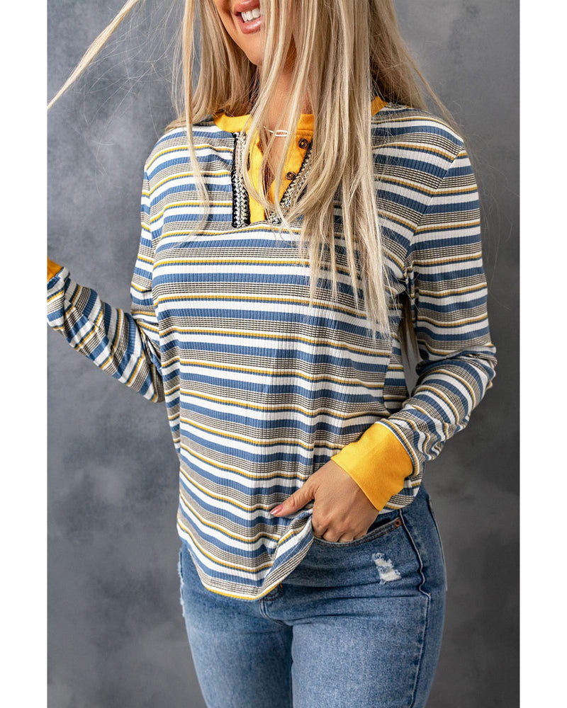 Azura Exchange Button Neck Striped Knit Long Sleeve Top - M