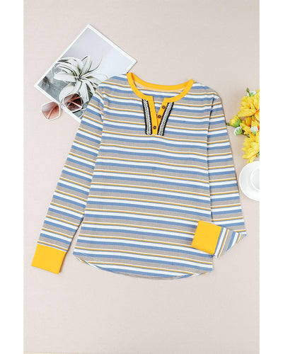 Azura Exchange Button Neck Striped Knit Long Sleeve Top - S