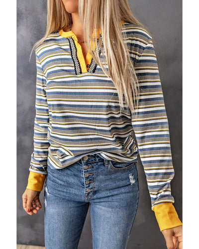Azura Exchange Button Neck Striped Knit Long Sleeve Top - S