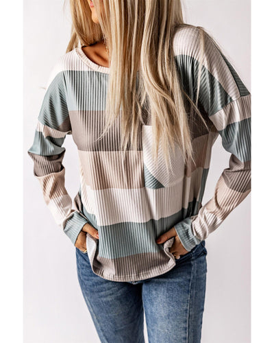 Azura Exchange Ribbed Color Block Long Sleeve Top with Pocket - M