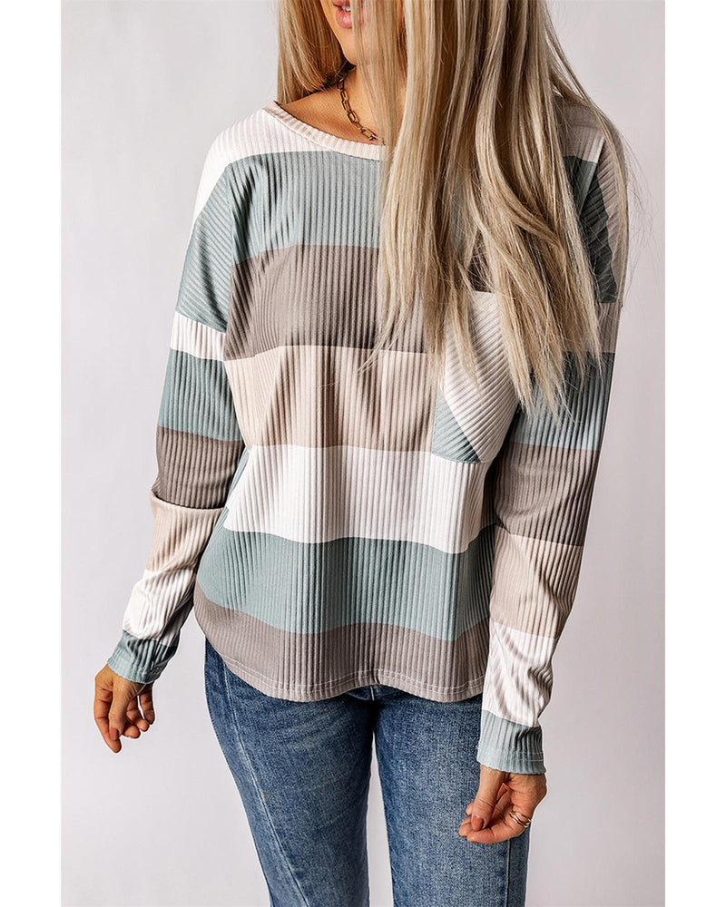 Azura Exchange Ribbed Color Block Long Sleeve Top with Pocket - S