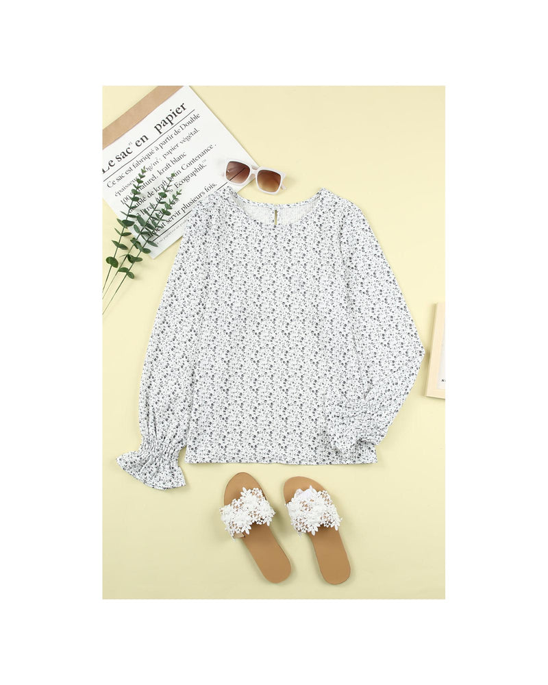 Azura Exchange Floral Printed Crinkled Ruffled Bubble Sleeve Blouse - M