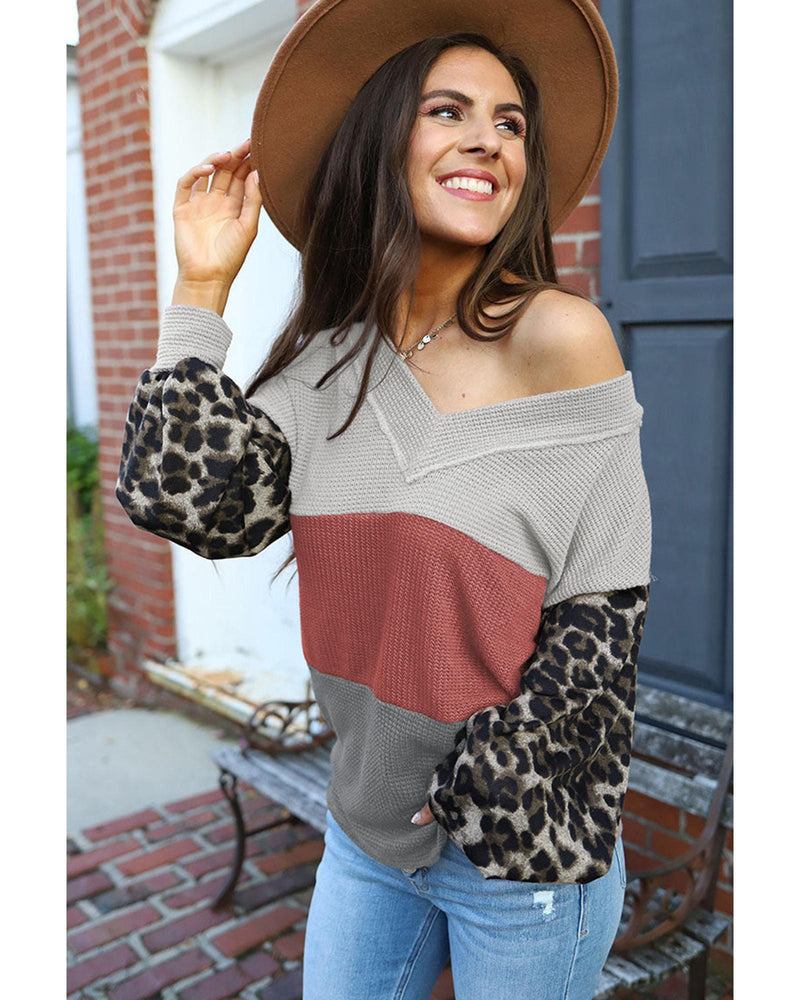 Azura Exchange Leopard Contrast Sleeve Colorblock Waffle Knit Top - XL