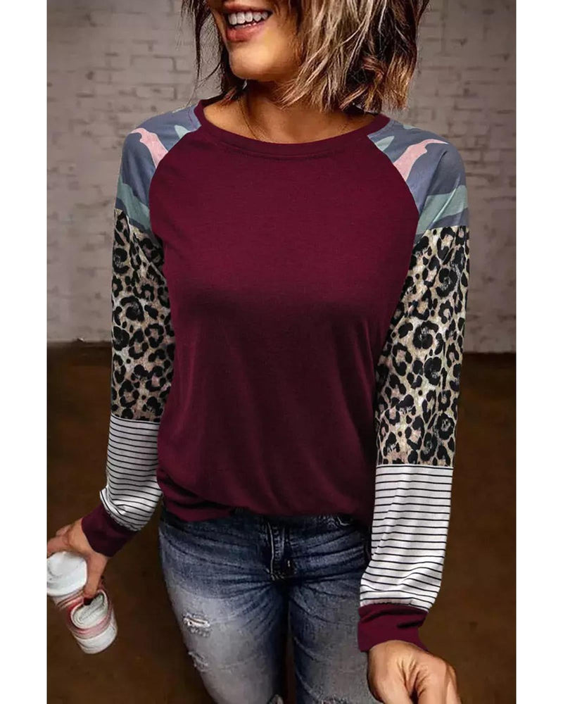 Azura Exchange Burgundy Camouflage Striped Leopard Splicing Blouse - M