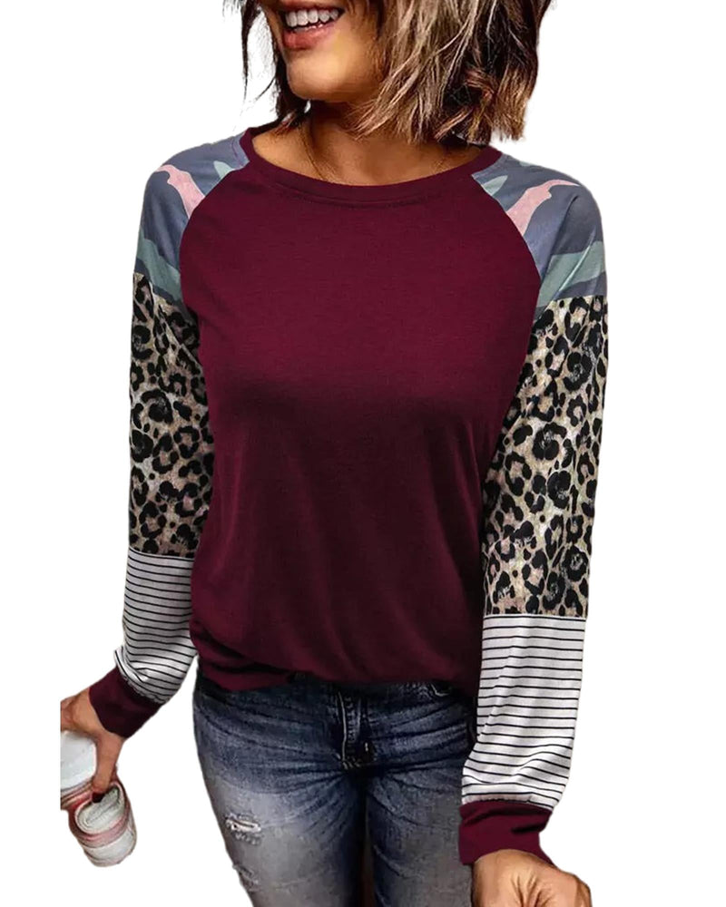 Azura Exchange Burgundy Camouflage Striped Leopard Splicing Blouse - S