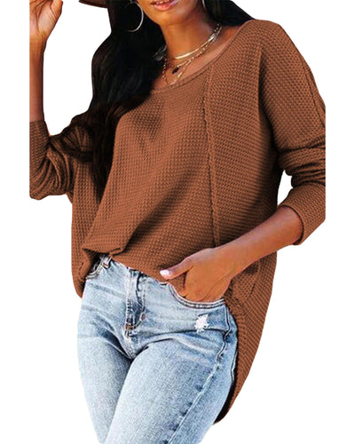Azura Exchange Waffle Knit Splicing Buttons Long Sleeve Top - L