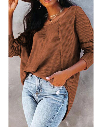 Azura Exchange Waffle Knit Splicing Buttons Long Sleeve Top - L