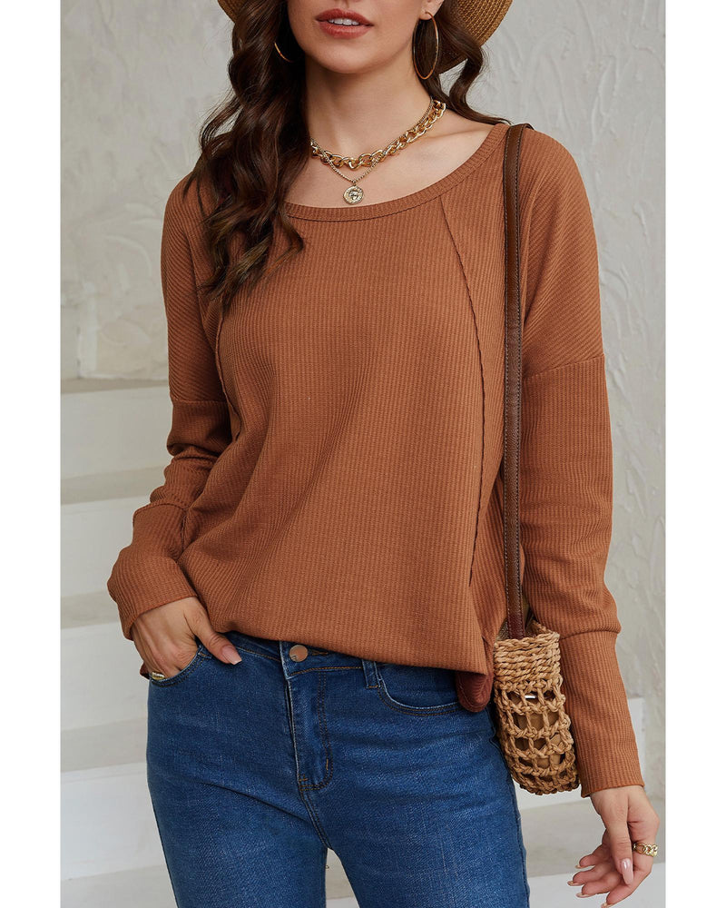 Azura Exchange Waffle Knit Splicing Buttons Long Sleeve Top - M