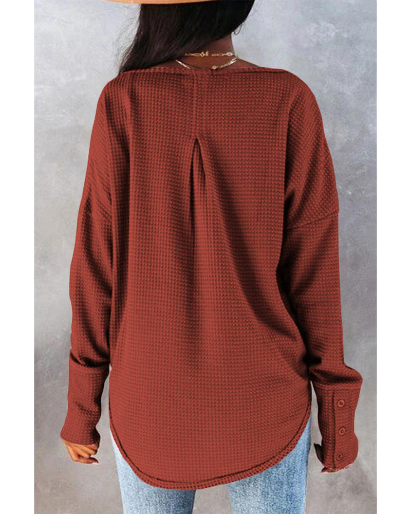 Azura Exchange Spliced Waffle Knit Long Sleeve Top with Button Detail - 2XL