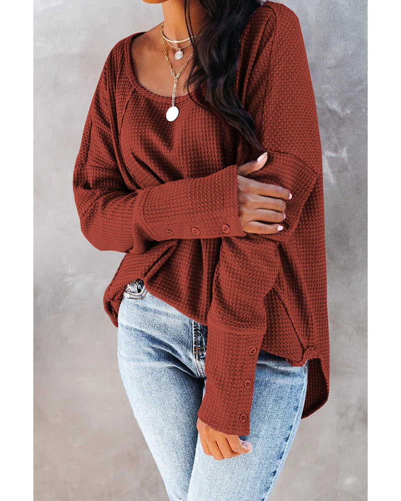 Azura Exchange Spliced Waffle Knit Long Sleeve Top with Button Detail - M