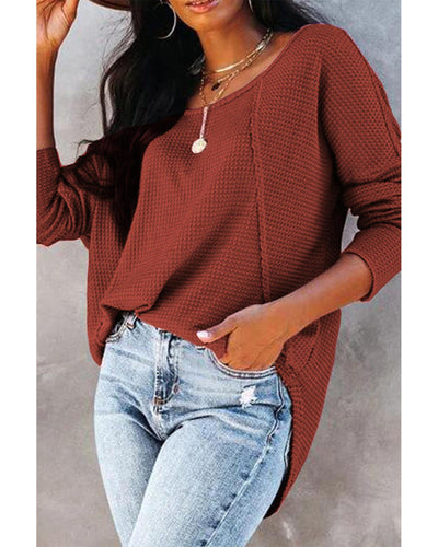 Azura Exchange Spliced Waffle Knit Long Sleeve Top with Button Detail - S
