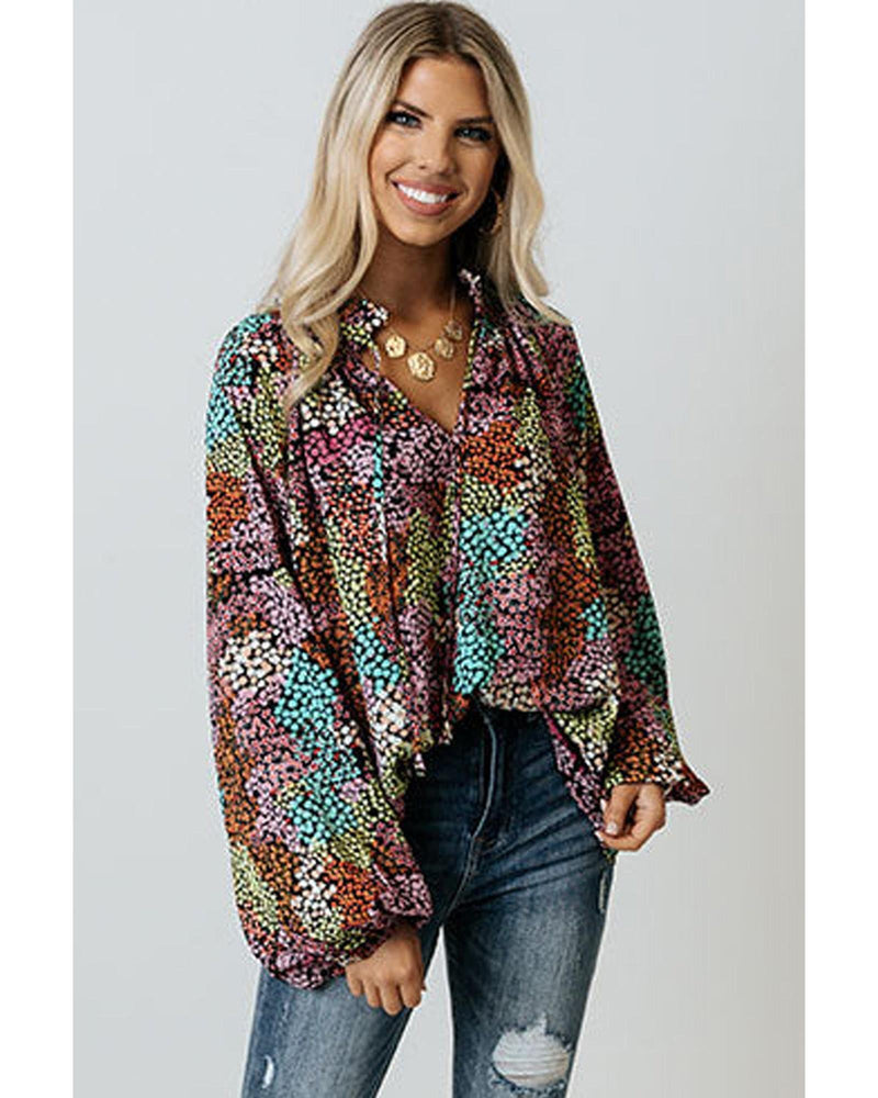 Azura Exchange Vibrant Floral Tie V Neck Puff Sleeve Blouse - XL