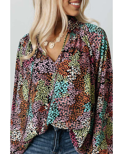 Azura Exchange Vibrant Floral Tie V Neck Puff Sleeve Blouse - XL