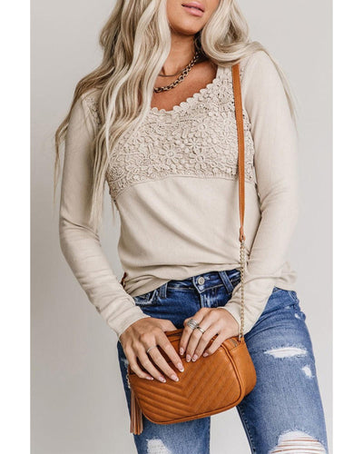 Azura Exchange Lace Crochet V Neck Long Sleeve Top - S
