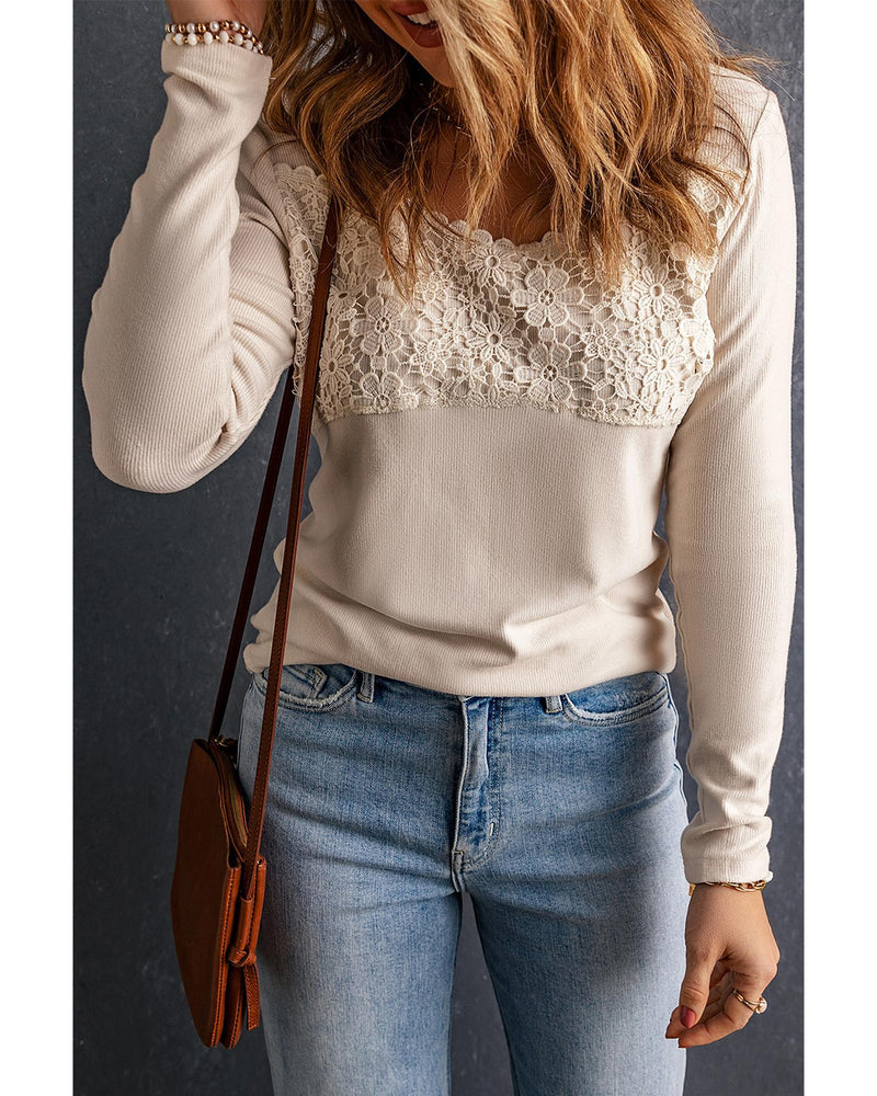 Azura Exchange Lace Crochet V Neck Long Sleeve Top - S