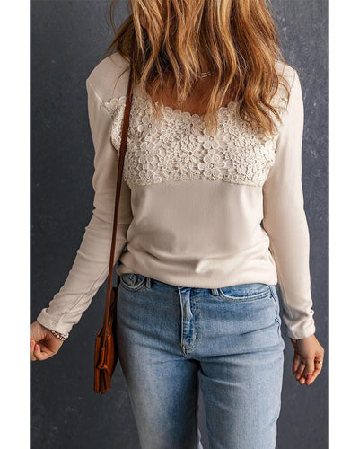 Azura Exchange Lace Crochet V Neck Long Sleeve Top - S