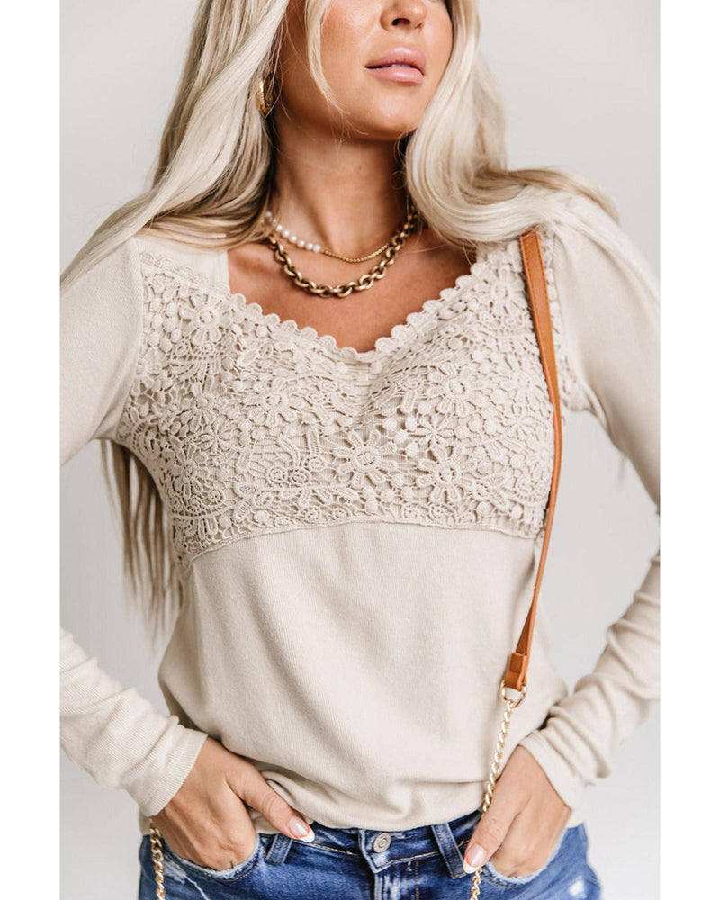 Azura Exchange Lace Crochet V Neck Long Sleeve Top - XL