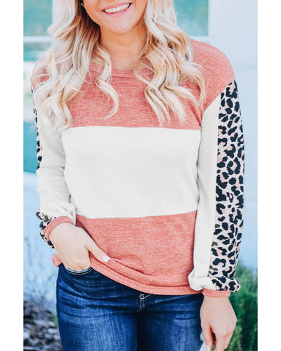 Azura Exchange Knitted Leopard Color Block Long Sleeve Top - L