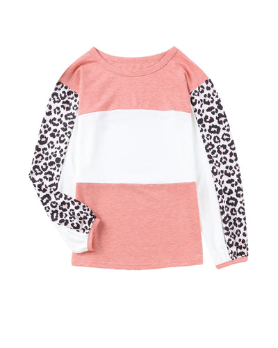 Azura Exchange Knitted Leopard Color Block Long Sleeve Top - L