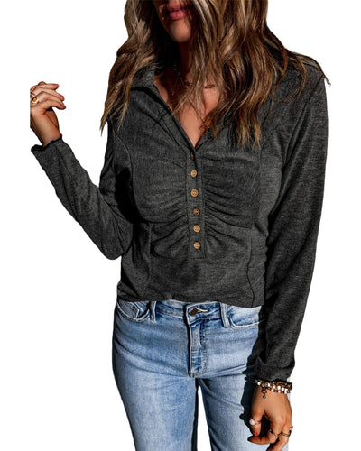 Azura Exchange V Neck Buttons Ruched Long Sleeve Top - L