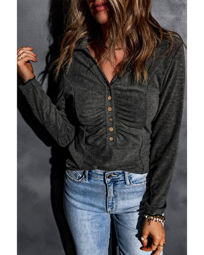 Azura Exchange V Neck Buttons Ruched Long Sleeve Top - M