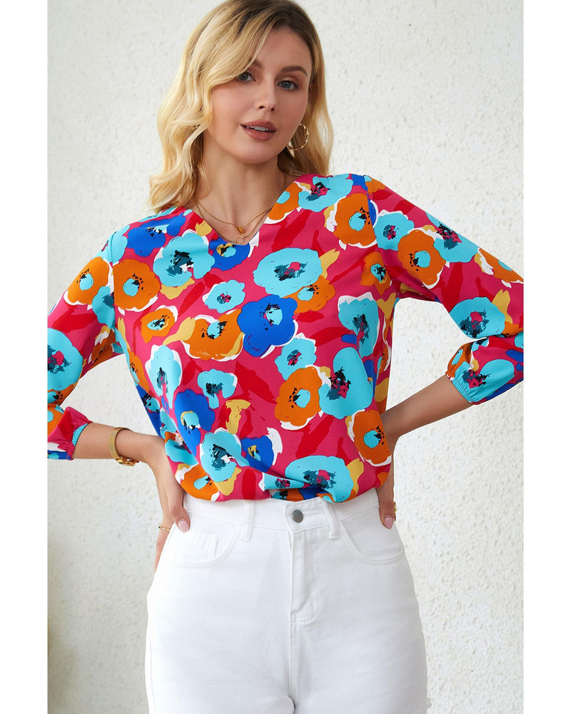 Azura Exchange V Neck 3/4 Sleeve Floral Print Blouse - XL