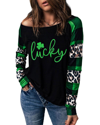 Azura Exchange Lucky Clover Glitter Pattern Leopard Plaid Top - L