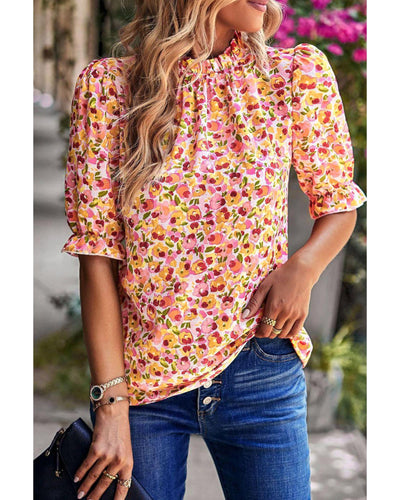 Azura Exchange Floral Ruffle Mock Neck Blouse - M