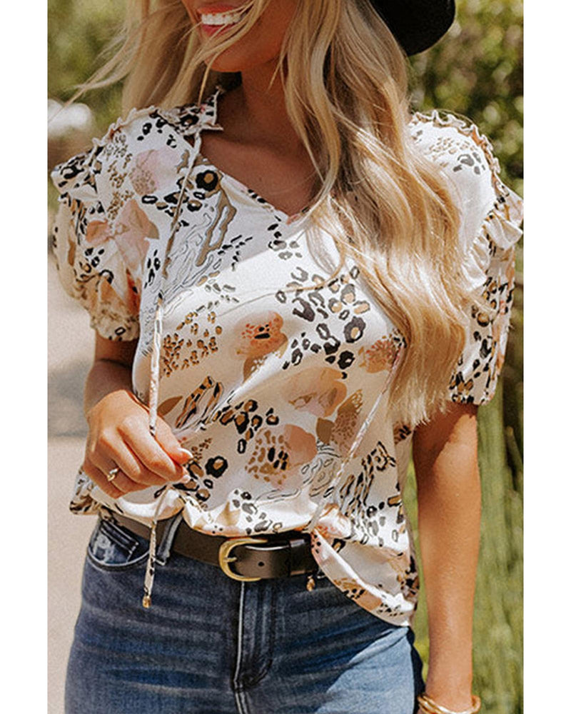 Azura Exchange Leopard Floral Print Puff Sleeve Blouse - M