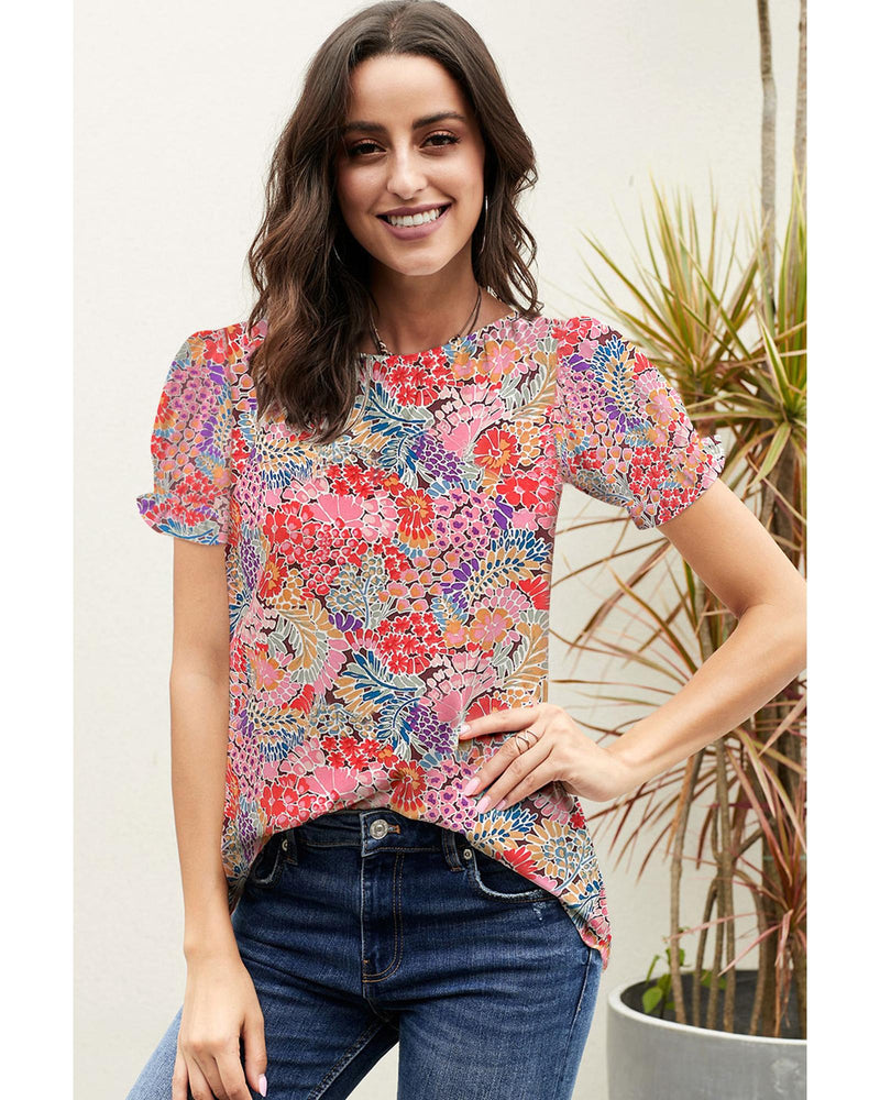 Azura Exchange Floral Pattern Bubble Sleeve Blouse - M