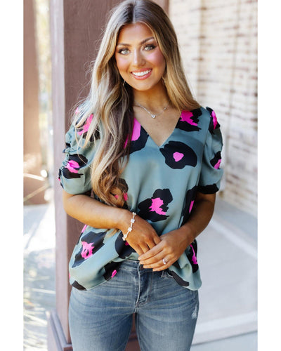 Azura Exchange Leopard Print Ruched Short Sleeve Blouse - M