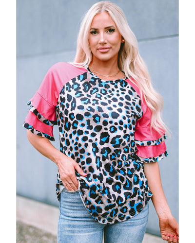 Azura Exchange Layered Ruffle Sleeves Patchwork Leopard Print Blouse - S