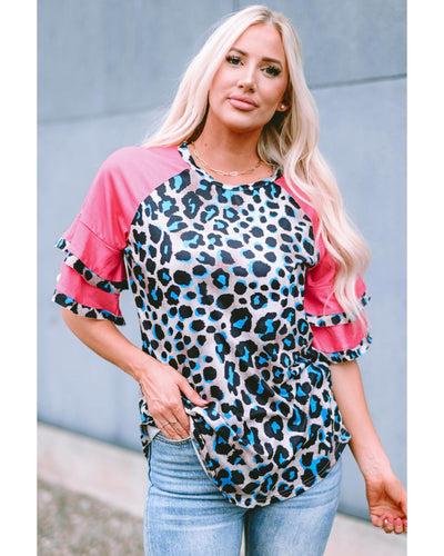 Azura Exchange Layered Ruffle Sleeves Patchwork Leopard Print Blouse - S