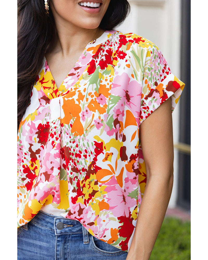 Azura Exchange Floral Print V Neck Short Sleeves Top - S