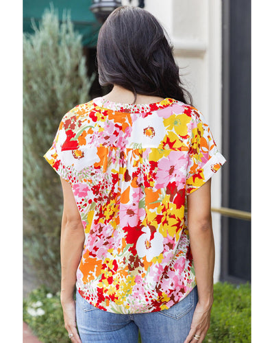 Azura Exchange Floral Print V Neck Short Sleeves Top - S