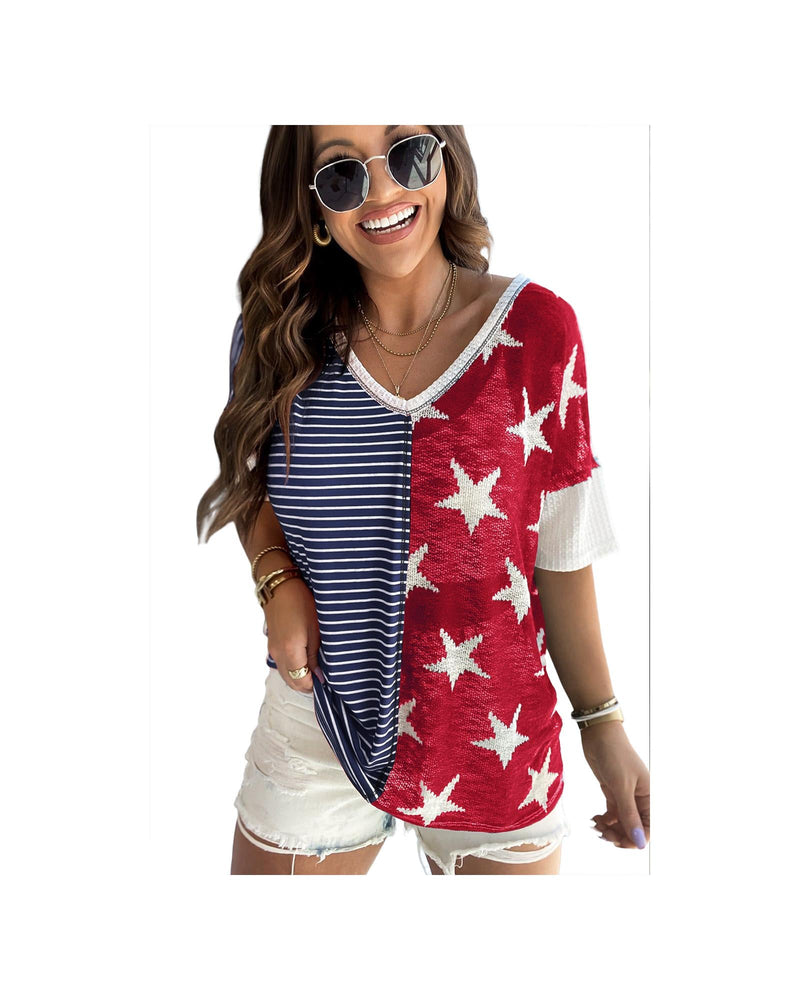 Azura Exchange Stripes Stars Print Knit Short Sleeves Top - L