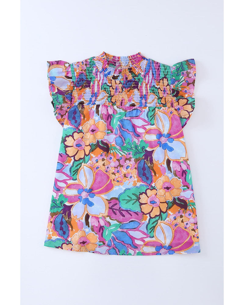 Azura Exchange Flutter Sleeves Smocked Neck Blouse with Floral Print - L